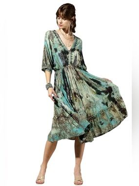 Riverstone Boho V-Neck Rayon Tie Dye Midi Dress